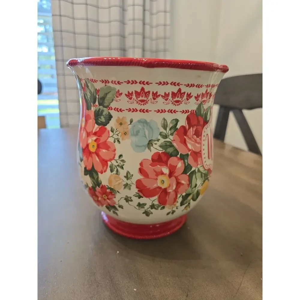 Pioneer Woman Red & White Utensil Holder Floral Stoneware Farmhouse Kitchen